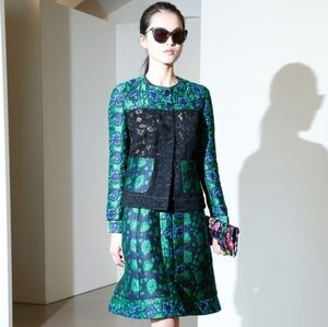 ◇*$4,300 NEW OSCAR DE LA RENTA JAQUARD LACE GREEN BLACK JACKET SKIRT SUIT US M